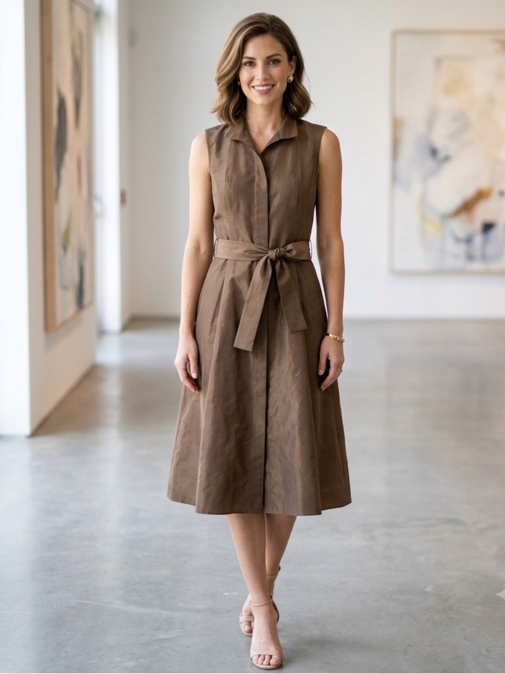 Lida Baday Silk Dress with tie belt, chocolate brown dress, sleeveless, size 4